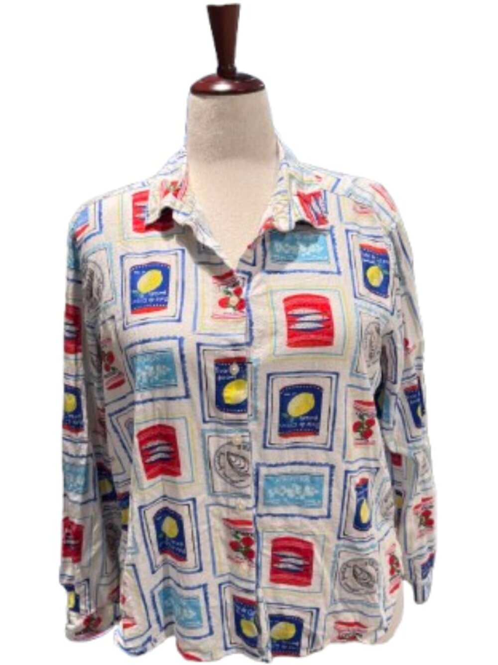 LOFT Linen Blend Graphic Food Print Button Up Long Sleeve Shirt (Size L)